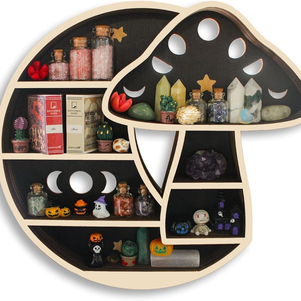 Cute Mushroom Decor, Wooden Mushroom Floating Shelves for Wall, Moon Shelf Wall - Picture 1 of 9